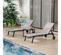 GarveeHome Juego de salón de 3 Piezas con 2 tumbonas de Tela textileno y 1 Mesa de café, sillón Acolchado con Respaldo Ajustable, Tumbona con Ruedas, para Zona de Piscina, terraza