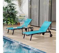 GarveeHome Juego de salón de 3 Piezas con 2 tumbonas de Tela textileno y 1 Mesa de café, sillón Acolchado con Respaldo Ajustable, Tumbona con Ruedas, para Zona de Piscina, terraza