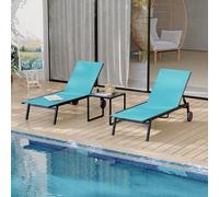 GarveeHome Juego de salón de 3 Piezas con 2 tumbonas de textileno y 1 Mesa de café, sillón con Respaldo Ajustable y Ruedas, para Zona de Piscina y terraza
