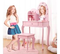 GarveeHome Juego de tocador para niñas con luz y Espejo, Mesa de Maquillaje y Taburete para niños, Juego de Vestir de Madera para 4-9, Rosa