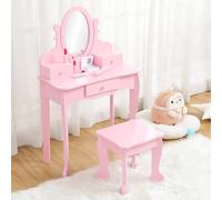GarveeHome Juego de tocador para niños con Espejo, Mesa de Maquillaje y Taburete para niñas, Escritorio y Silla con Juego de Maquillaje de Madera para 4-9 niñas, Rosa