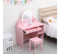 GarveeHome Kids Vanity with Lighted Mirror, 2 In 1 Little Girls Vanity Table & Stool, Kids Makeup with Drawer & Open Shelves for 3-9 Yrs Girls, Pink