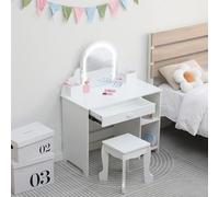 GarveeHome Kids Vanity with Lighted Mirror, 2 In 1 Little Girls Vanity Table & Stool, Kids Makeup with Drawer & Open Shelves for 3-9 Yrs Girls