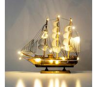 GarveeHome Luz nocturna LED acogedora, velero de madera, decoración de mesa marítima, modelo de barco vintage, con iluminación para salón, dormitorio, oficina, océano, temática mediterránea