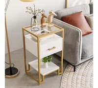 GarveeHome Mesa Auxiliar de 3 Pisos con Tapa de Cristal, mesita de Noche con Estructura de Metal, Mesa de Centro con 1 cajón y 1 Estante Abierto, para salón, Dormitorio, 40 x 40 x 78 cm