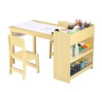 GarveeHome Mesa de arte para niños con 2 sillas, escritorio de actividades de madera para niños pequeños con estantes de almacenamiento grandes para escribir, dibujar, guardería, muebles de madera