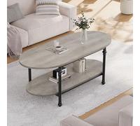 GarveeHome Mesa de Centro Ovalada de 2 Niveles - Estructura metálica Acanalada - Estante Abierto - Diseño Industrial Moderno Gris