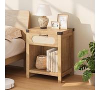 GarveeHome Mesita de Noche con cajón y Compartimento Abierto, cómoda con Frente de ratán, Mesa Auxiliar Bohemia, para salón y Dormitorio, 48 x 40 x 60 cm