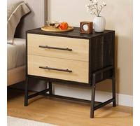 GarveeHome Mesita de noche con cajones, mesita de noche con almacenamiento, mesa auxiliar de madera clara con patas de metal, mesita de noche marrón oscuro, mesas auxiliares modernas de mediados de