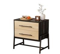 GarveeHome Mesita De Noche Madera Clara 2 Cajones, Patas Metal, Estilo Mid-Century Moderno, Mesa Auxiliar Dormitorio Salón Oficina Infantil, 60x40x61.7cm Marrón