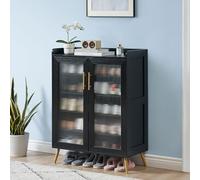 GarveeHome Modern 5-Tier Shoe Cabinet with Glass Doors - Adjustable Shelves, Sturdy Wooden Organizer for Entryway, Hallway, Living Room - Double Door Storage - Home Furniture, Black Wood Grain