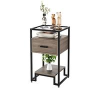 GarveeHome Modern Bedside Table with Drawer, 3-Tier Open Shelf End Table - Tempered Glass Top, Sturdy Steel Frame for Bedroom/Dorm/Living Room - Light Brown Wood Grain
