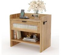 GarveeHome Modern Boho Rattan Bedside Table with Drawer & Open Shelf - Bedside Table with Type-C Charging Station & Hook - Wooden End Table for Bedroom, Living Room or Office - Walnut