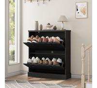 GarveeHome Modern Fluted Shoe Cabinet with 2 Turnover Drawers - Adjustable & Removable Shelves - Hidden Entryway Shoe Storage Organizer - Freestanding Space-Saving Design - Black Color