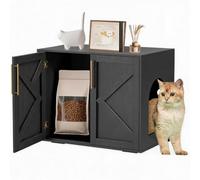 GarveeHome Mueble Arenero Gatos 2 en 1 con Ventilación Negro | Mueble cubre arenero estilo granero, entrada lateral ventilada, 2-en-1 mesa auxiliar, contiene arena y olores para gatos