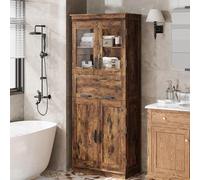 GarveeHome Mueble De Baño Alto, Columna De Almacenamiento con Puertas De Cristal, Estantes Ajustables y Cajones; Armario Independiente para Cocina, Despensa y Salón