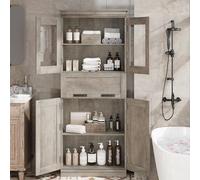 GarveeHome Mueble De Baño Alto, Columna De Almacenamiento con Puertas De Cristal, Estantes Ajustables y Cajones; Armario Independiente para Cocina, Despensa y Salón