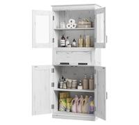 GarveeHome Mueble De Baño Alto, Columna De Almacenamiento con Puertas De Cristal, Estantes Ajustables y Cajones; Armario Independiente para Cocina, Despensa y Salón