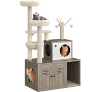 GarveeHome Mueble Multifunción 3 En 1 para Gatos - Mueble Ocultador De Arenero Gato, árbol Rascador Multinivel, Cama Suave y Control De Olores - Estilo Rústico, Ideal para Gatitos y Adultos