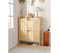 GarveeHome Narrow Turn Over Drawer Shoe Cabinet - Hidden Shoe Storage Organizer for Entryway, Hallway, or Bedroom, Freestanding Slim Shoe Rack Holds 15-20 Pairs, Modern Enclosed Design - Color: Wood