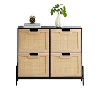 GarveeHome Organización eficiente y moderna - Armario zapatero de ratán natural con 4 puertas abatibles - Estantería ajustable de 3 niveles, patas metálicas - Para entrada, dormitorio o salón - Color: