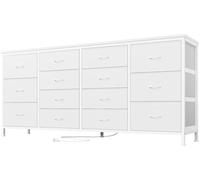 GarveeHome Organización Moderna para el hogar - Cómoda con 14 cajones de Tela, Estructura metálica y enchufes eléctricos/USB, para Dormitorio, salón o habitación Infantil, 160x35x75 cm, Cuero Blanco
