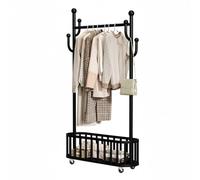 GarveeHome Perchero de pie negro de metal con ruedas, perchero estable con 4 ganchos, cesta de almacenamiento, versátil para dormitorio, pasillo, lavandería, 80 cm, color negro