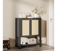 GarveeHome Rattan Shoe Cabinet for Entryway, Farmhouse Boho 5 Tier Shoe Rack Freestanding Wood Storage Cabinet with Adjustable Shelves and Open Shelf Organizer for Hallway Living Room, Grey Oak