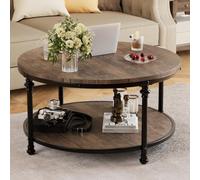 GarveeHome Rustic 2-Tier Round Coffee Table for Living Room - Sturdy Roman Column Metal Frame - Open Storage Shelf - Easy Assembly - Small 30.5 Inch Wood Grain Brown