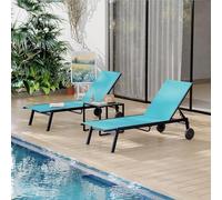 GarveeHome Set de 3 tumbonas Ajustables para Exterior con Mesa Auxiliar - Respaldos reclinables en 5 Posiciones y Ruedas Piscina, terraza, jardín o Playa - Azul