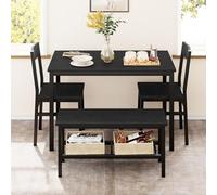 GarveeHome Set de Comedor Moderno para 4 Personas - Mesa con 2 sillas y Banco - Estructura metálica y Madera - con Estante de almacenaje Cocina, Comedor, Negro + Tablero Negro