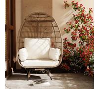 GarveeHome Silla Huevo giratoria 360° para Exterior e Interior - Diseño Extra grandeza - Base de Acero Negro - Ratán PE marrón Impermeable - Cojín Profundo y Beige - Ideal para Sala, balcón o jardín