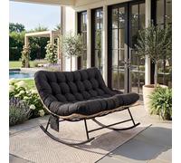 GarveeHome Silla Mecedora Robusta para Dos Personas - Cojín Grueso Impermeable, Estructura metálica, Capacidad 450 LB - Patio, jardín o Sala - Ratán Amarillo con cojín Negro, Doble