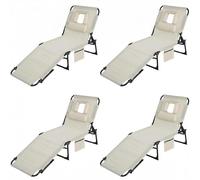 GarveeHome Silla Tumbona de jardín Plegable con Orificio Facial - Respaldo Ajustable en 5 Posiciones - Cojín y Bolsillo Lateral - Portátil para Patio, Piscina o Playa - Pack de 4, Beige