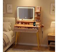 GarveeHome Tocador Iluminado con Espejo de 80 cm (31,5 Pulgadas), 2 cajones, 3 Modos de luz de Color y Enchufe Integrado para Mayor Espacio de Almacenamiento y Orden en el Dormitorio