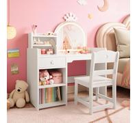GarveeHome Tocador Infantil 2 en 1 con Espejo Iluminado en Forma de Corona, Mesa y Silla para niñas pequeñas - Estantería Abierta, cajón y Armario de Almacenamiento Dormitorio Infantil - Blanco