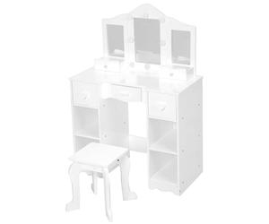 GarveeHome Tocador Infantil de Madera con Espejo LED y Taburete - Mesa de Maquillaje Blanca escandinava para niñas, 5 cajones y 4 Compartimentos Abiertos, Dormitorio o Zona de Juegos - Color Blanco