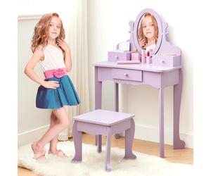 GarveeHome Tocador Infantil de Madera para niñas - Espejo Ajustable - Mesa de Maquillaje y Taburete Dormitorio y Juegos de Vestir - para 4-9 años - Púrpura sin luz, como se Muestra