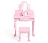 GarveeHome Tocador Infantil de Madera para niñas - Espejo Seguro - Mesa de Maquillaje y Taburete - Incluye cajón Juegos de Vestir - 4-9 años - Rosa, sin luz