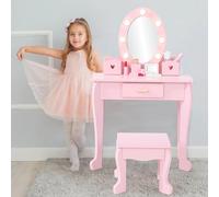 GarveeHome Tocador para niños con espejo iluminado, juego de mesa y silla para niños pequeños, juego de maquillaje para niñas, rosa