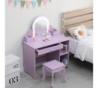 GarveeHome Tocador para niños con Espejo Iluminado, Mesa y Taburete 2 en 1 para niñas pequeñas, Maquillaje para niños con cajón y estantes Abiertos para niñas de 3 a 9 años, Color Morado