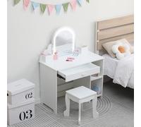 GarveeHome Tocador para niños con espejo iluminado, mesa y taburete 2 en 1 para niñas pequeñas, maquillaje para niños con cajón y estantes abiertos para niñas de 3 a 9 años