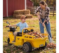 GarveeHome Triciclo eléctrico Infantil 12V Tipo Tuk-Tuk 3 Ruedas con Remolque y Pala Excavadora - Música + inalámbrico - Luces LED, claxon, USB/AUX - para niños 3+ años - Amarillo