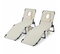 GarveeHome Tumbona Plegable con Orificio Facial para Bronceado - Respaldo Ajustable en 5 Posiciones, Almohada Desmontable y Bolsillo Lateral - Silla de Playa Portátil para Jardín, Playa, Piscina