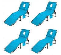GarveeHome Tumbona Plegable con Orificio Facial Respaldo Ajustable en 5 Posiciones, Almohada Desmontable y Bolsillo Lateral - Silla Reclinable Portátil para Jardín, Playa, Piscina - Pack de 4, Azul