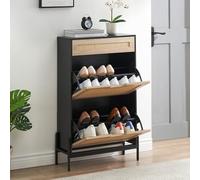 GarveeHome Zapatero con 2 Compartimentos Plegables y 1 cajón, Armario con estantes Ajustables, Armario con Frente de ratán y Patas de Metal, para Pasillo y salón, 61 x 24 x 102 cm