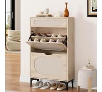 GarveeHome Zapatero con 2 Compartimentos Plegables y 1 cajón, Armario de Entrada con Frente de ratán, Zapatero con estantes Ajustables, para Pasillo y salón, 60 x 23,9 x 101,6 cm