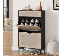 GarveeHome Zapatero con 2 Compartimentos Plegables y 1 cajón, Armario de Entrada con Frente de ratán, Zapatero con estantes Ajustables, para Pasillo y salón, 60 x 23,9 x 101,6 cm