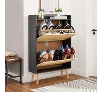 GarveeHome Zapatero con 2 Tapas abatibles de ratán, Armario con Borde Superior, Zapatero con estantes Ajustables, para Pasillo y salón, 60 x 23,5 x 98,2 cm