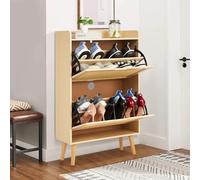 GarveeHome Zapatero con 2 Tapas abatibles de ratán, Armario con Borde Superior, Zapatero con estantes Ajustables, para Pasillo y salón, 60 x 23,5 x 98,2 cm